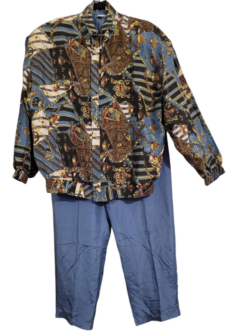 Fuda International Vtg 2pc SILK Nautical Scarf Print Zip Jacket Pantsuit M Rich